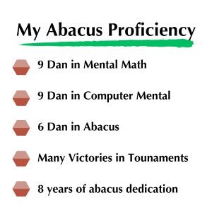 My Abacus Proficiency - 9 dan in mental math - 9 dan in computer mental - 6 dan in abacus -many victories in tournaments -8 years of abacus dedications